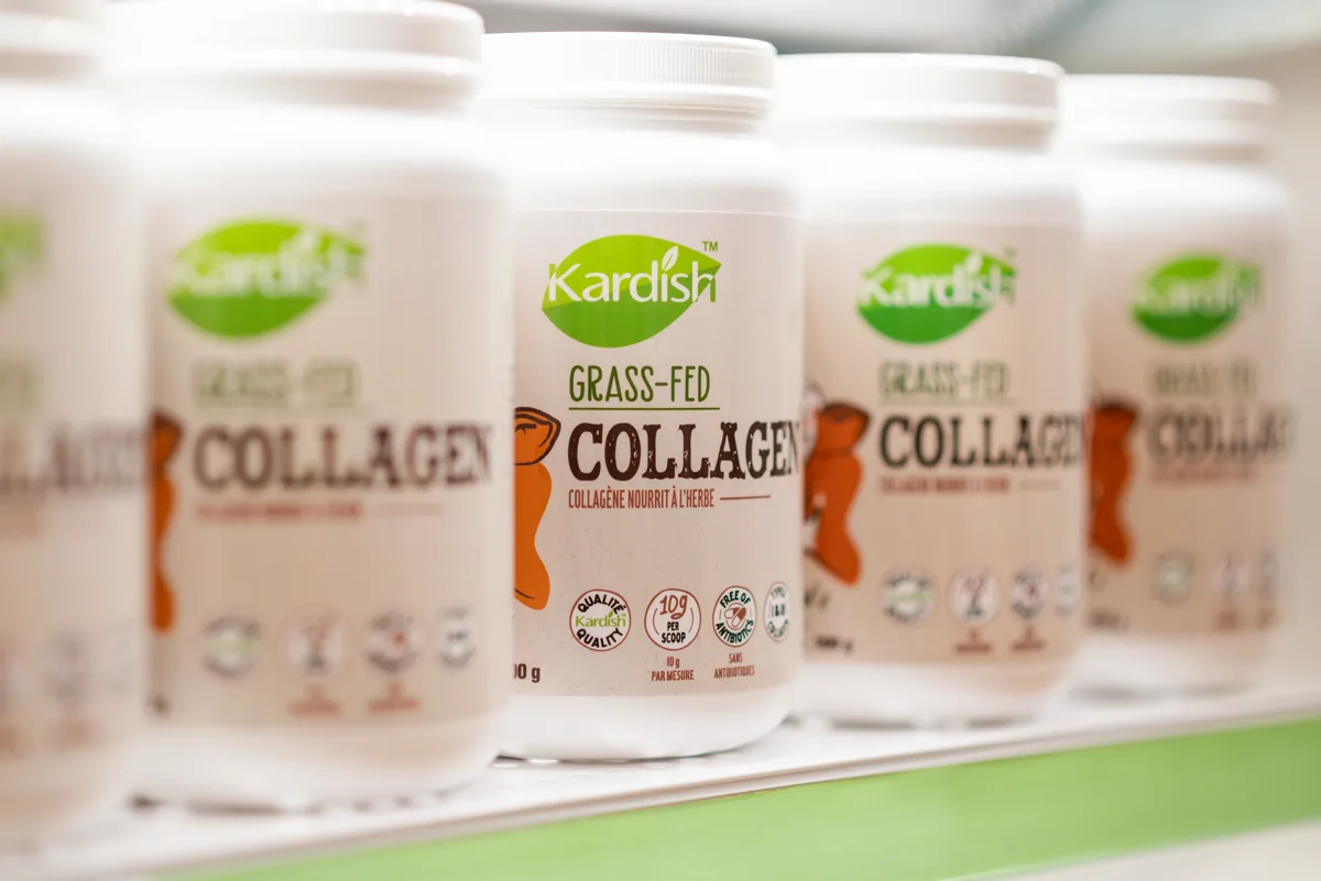 Kardish-brand grass-fed collagen tubs lined up on a shelf